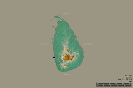 Area of Sri Lanka isolated on a solid background in a georeferenced bounding box. Main regional division, distance scale, labels. Topographic relief map. 3D renderingの写真素材