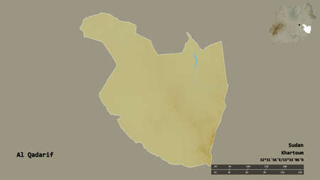Shape of Al Qadarif, state of Sudan, with its capital isolated on solid background. Distance scale, region preview and labels. Topographic relief map. 3D renderingの写真素材