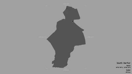 Area of South Darfur, state of Sudan, isolated on a solid background in a georeferenced bounding box. Labels. Bilevel elevation map. 3D renderingの写真素材