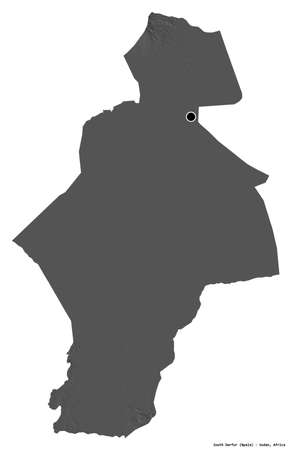 Shape of South Darfur, state of Sudan, with its capital isolated on white background. Bilevel elevation map. 3D renderingの写真素材