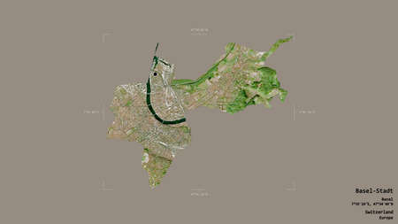 Area of Basel-Stadt, canton of Switzerland, isolated on a solid background in a georeferenced bounding box. Labels. Satellite imagery. 3D renderingの写真素材
