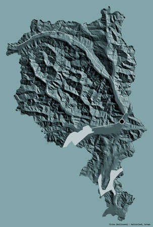 Shape of Ticino, canton of Switzerland, with its capital isolated on a solid color background. Colored elevation map. 3D renderingの写真素材