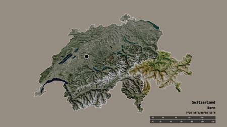 Desaturated shape of Switzerland with its capital, main regional division and the separated...