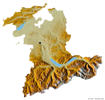 Shape of Bern, canton of Switzerland, with its capital isolated on white background. Topographic...