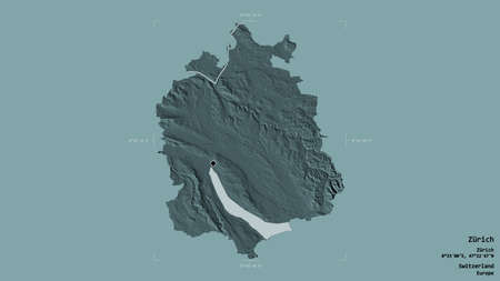 Area of ZÃ¼rich, canton of Switzerland, isolated on a solid background in a georeferenced bounding box. Labels. Colored elevation map. 3D renderingの写真素材