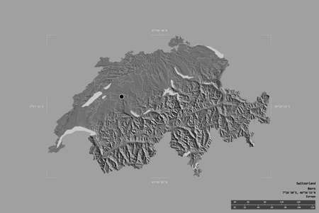 Area of Switzerland isolated on a solid background in a georeferenced bounding box. Main regional division, distance scale, labels. Bilevel elevation map. 3D renderingの写真素材