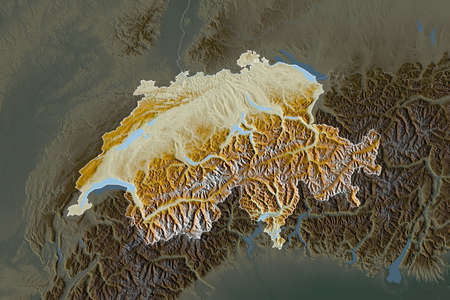 Shape of Switzerland separated by the desaturation of neighboring areas. Borders. Topographic relief...