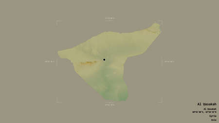 Area of Al á¸¤asakah, province of Syria, isolated on a solid background in a georeferenced bounding box. Labels. Topographic relief map. 3D renderingの写真素材