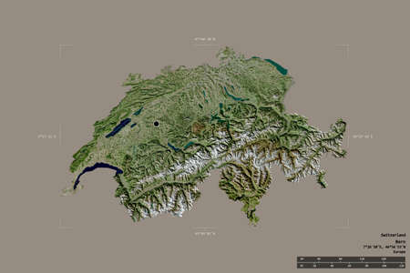 Area of Switzerland isolated on a solid background in a georeferenced bounding box. Main regional division, distance scale, labels. Satellite imagery. 3D renderingの写真素材