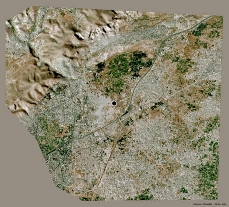 Shape of Damascus, province of Syria, with its capital isolated on a solid color background. Satellite imagery. 3D renderingの写真素材