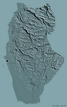 Shape of Tartus, province of Syria, with its capital isolated on a solid color background. Colored elevation map. 3D renderingの写真素材