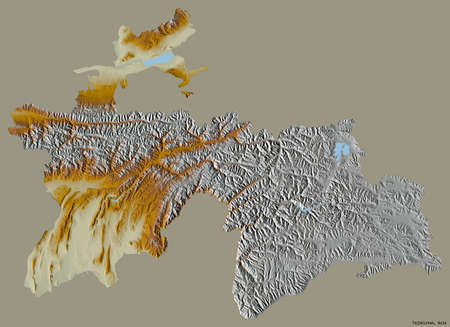 Shape of Tajikistan with its capital isolated on a solid color background. Topographic relief map. 3D renderingの写真素材