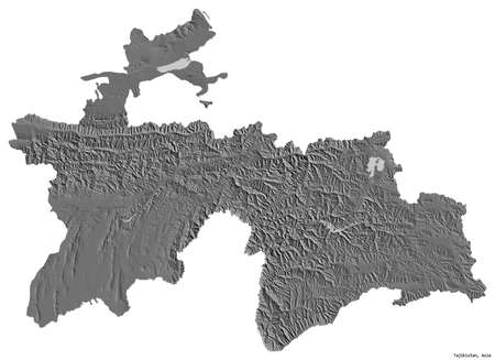 Shape of Tajikistan with its capital isolated on white background. Bilevel elevation map. 3D renderingの写真素材