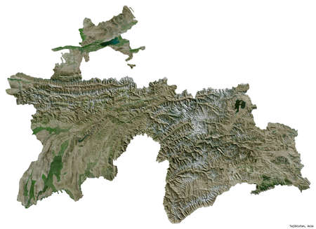 Shape of Tajikistan with its capital isolated on white background. Satellite imagery. 3D renderingの写真素材
