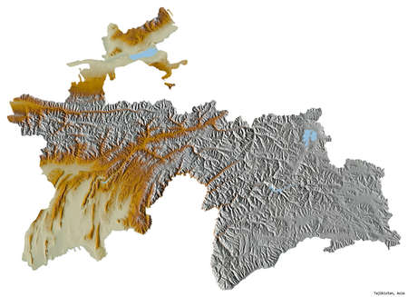 Shape of Tajikistan with its capital isolated on white background. Topographic relief map. 3D...