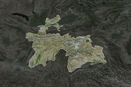 Shape of Tajikistan separated by the desaturation of neighboring areas. Borders. Satellite imagery....