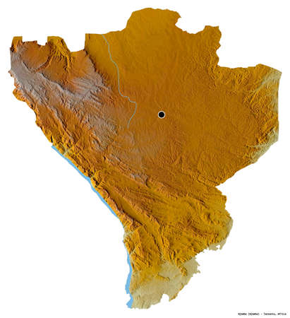 Shape of Njombe, region of Tanzania, with its capital isolated on white background. Topographic relief map. 3D renderingの写真素材