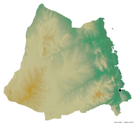 Shape of Lindi, region of Tanzania, with its capital isolated on white background. Topographic relief map. 3D renderingの写真素材