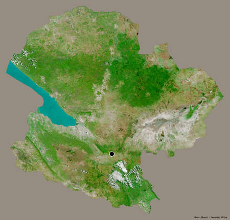 Shape of Mbeya, region of Tanzania, with its capital isolated on a solid color background. Satellite imagery. 3D renderingの写真素材
