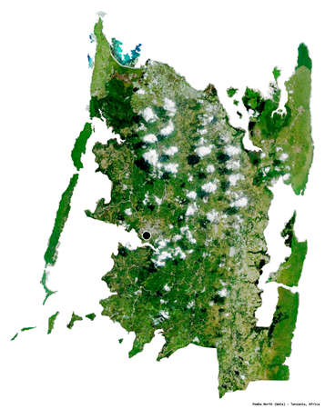 Shape of Pemba North, region of Tanzania, with its capital isolated on white background. Satellite imagery. 3D renderingの写真素材
