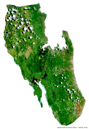 Shape of Zanzibar South and Central, region of Tanzania, with its capital isolated on white background. Satellite imagery. 3D renderingの写真素材