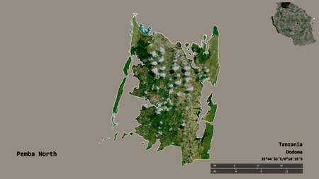 Shape of Pemba North, region of Tanzania, with its capital isolated on solid background. Distance...