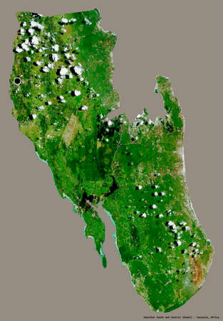 Shape of Zanzibar South and Central, region of Tanzania, with its capital isolated on a solid color background. Satellite imagery. 3D renderingの写真素材