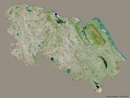 Shape of Bueng Kan, province of Thailand, with its capital isolated on a solid color background. Satellite imagery. 3D renderingの写真素材