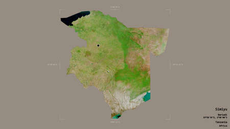 Area of Simiyu, region of Tanzania, isolated on a solid background in a georeferenced bounding box. Labels. Satellite imagery. 3D renderingの写真素材