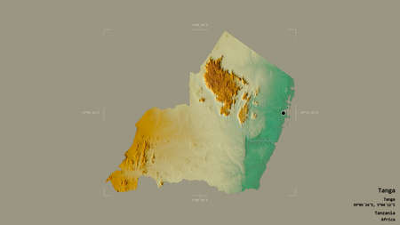 Area of Tanga, region of Tanzania, isolated on a solid background in a georeferenced bounding box. Labels. Topographic relief map. 3D renderingの写真素材