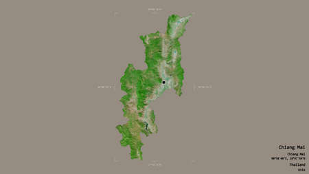 Area of Chiang Mai, province of Thailand, isolated on a solid background in a georeferenced bounding box. Labels. Satellite imagery. 3D renderingの写真素材