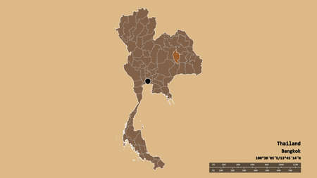 Desaturated shape of Thailand with its capital, main regional division and the separated Maha Sarakham area. Labels. Composition of patterned textures. 3D renderingの写真素材