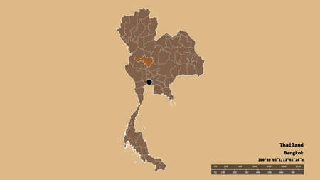 Desaturated shape of Thailand with its capital, main regional division and the separated Nakhon Sawan area. Labels. Composition of patterned textures. 3D renderingの写真素材