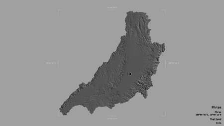 Area of Phrae, province of Thailand, isolated on a solid background in a georeferenced bounding box. Labels. Bilevel elevation map. 3D renderingの写真素材