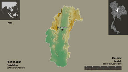 Shape of Phetchabun, province of Thailand, and its capital. Distance scale, previews and labels....