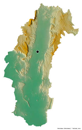 Shape of Phetchabun, province of Thailand, with its capital isolated on white background. Topographic relief map. 3D renderingの写真素材