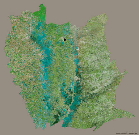 Shape of Phichit, province of Thailand, with its capital isolated on a solid color background. Satellite imagery. 3D renderingの写真素材