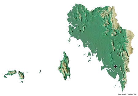 Shape of Satun, province of Thailand, with its capital isolated on white background. Topographic relief map. 3D renderingの写真素材