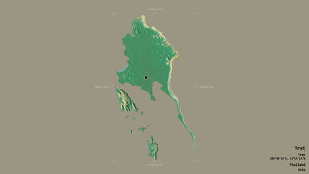 Area of Trat, province of Thailand, isolated on a solid background in a georeferenced bounding box. Labels. Topographic relief map. 3D renderingの写真素材