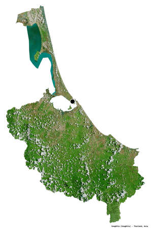Shape of Songkhla, province of Thailand, with its capital isolated on white background. Satellite imagery. 3D renderingの写真素材