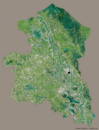 Shape of Sing Buri, province of Thailand, with its capital isolated on a solid color background....