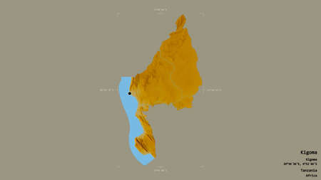 Area of Kigoma, region of Tanzania, isolated on a solid background in a georeferenced bounding box. Labels. Topographic relief map. 3D renderingの写真素材