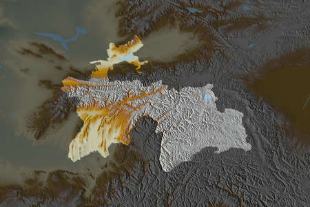 Shape of Tajikistan separated by the desaturation of neighboring areas. Topographic relief map. 3D renderingの写真素材