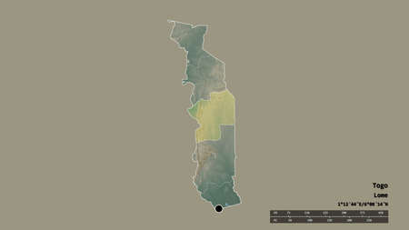 Desaturated shape of Togo with its capital, main regional division and the separated Centre area. Labels. Topographic relief map. 3D renderingの写真素材