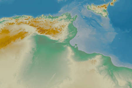 Extended area of Tunisia. Topographic relief map. 3D renderingの写真素材