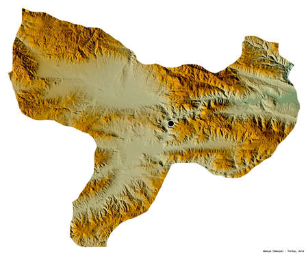 Shape of Amasya, province of Turkey, with its capital isolated on white background. Topographic relief map. 3D renderingの写真素材