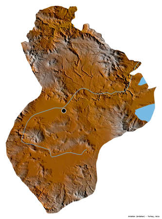 Shape of Ardahan, province of Turkey, with its capital isolated on white background. Topographic relief map. 3D renderingの写真素材