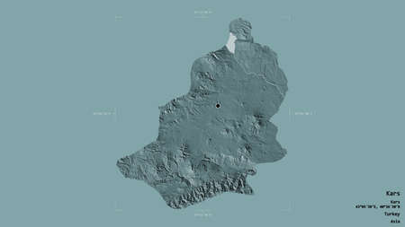 Area of Kars, province of Turkey, isolated on a solid background in a georeferenced bounding box. Labels. Colored elevation map. 3D renderingの写真素材