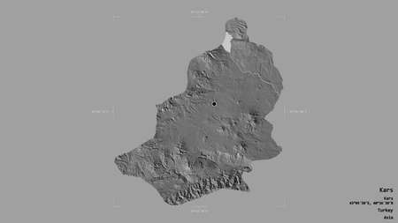 Area of Kars, province of Turkey, isolated on a solid background in a georeferenced bounding box. Labels. Bilevel elevation map. 3D renderingの写真素材