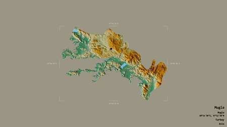 Area of Mugla, province of Turkey, isolated on a solid background in a georeferenced bounding box. Labels. Topographic relief map. 3D renderingの写真素材